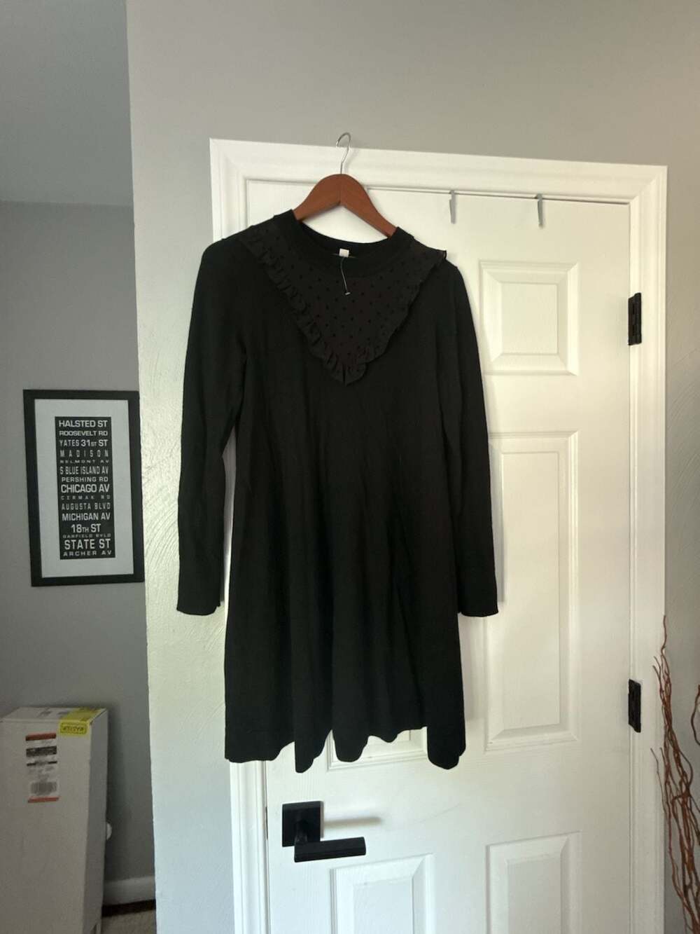LOFT Black Long Sleeve Polka Dot Mesh Ruffle Sweater Dress Medium